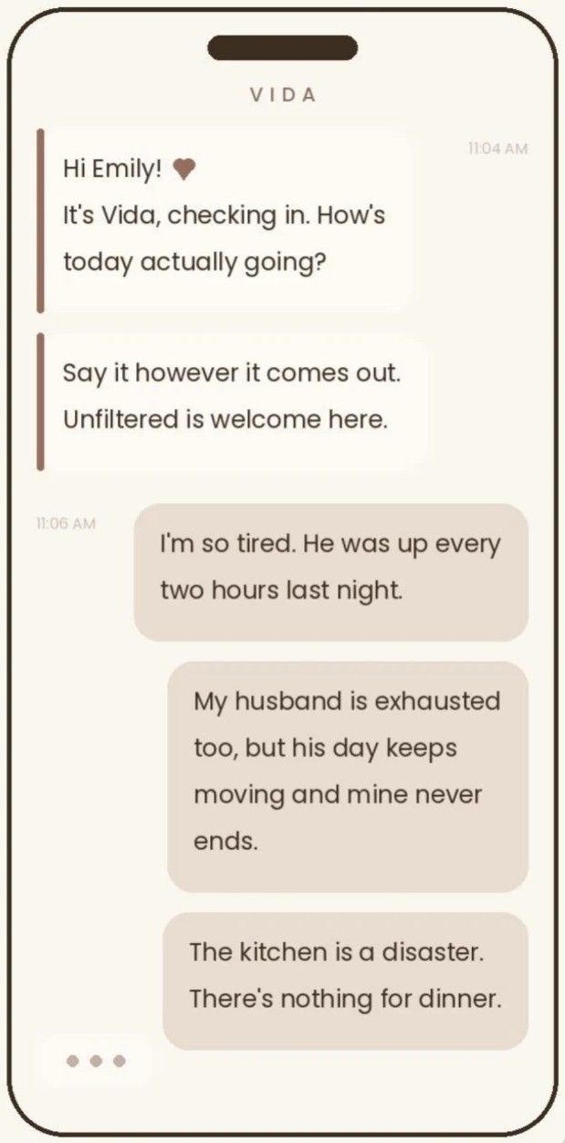 A phone showing a warm check-in conversation with the assistant asking how today is actually going
